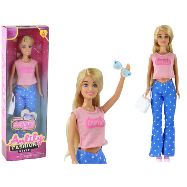 Lalka Dla Dzieci Anlily Długie Blond Włosy Torebka Okulary Różowa Bluzka
