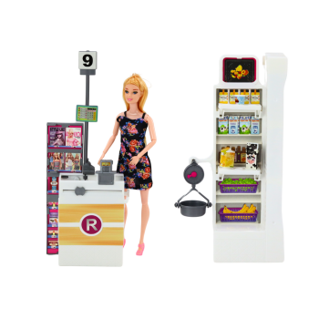 Zestaw Lalka W Supermarkecie Regały Koszyk Sklepowy Produkty Spożywcze