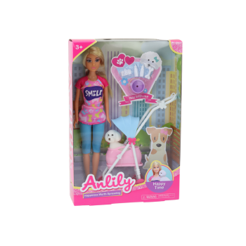 Lalka Anlily z Pieskiem W Wózku Butelki Miska Kość Aparat