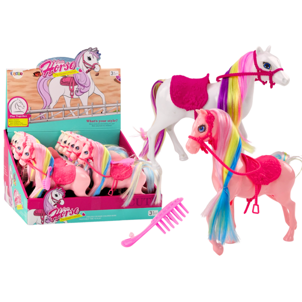 Figurka Koń Z Kolorową Grzywą Różowe Siodło Szczotka Farma Biały Różowy