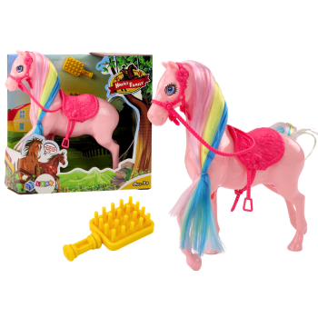 Figurka Koń Z Kolorową Grzywą Różowe Siodło Szczotka Farma Różowy