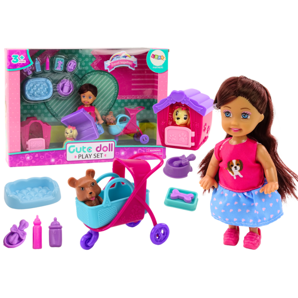 Laleczka Z Psami Lalka Piesek Buda Akcesoria Różowe Szczeniak 16 ele.