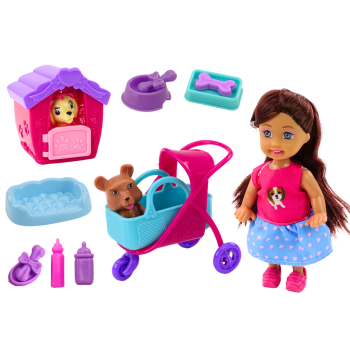 Laleczka Z Psami Lalka Piesek Buda Akcesoria Różowe Szczeniak 16 ele.