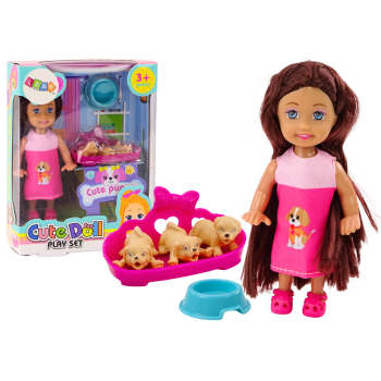 Mini Laleczka Długie Włosy Sukienka Trzy Pieski Legowisko