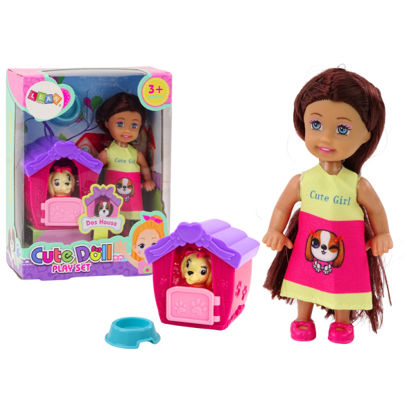 Mini Laleczka Długie Włosy Sukienka Kolorowa Piesek Buda