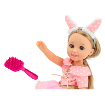 Lalka Różowa Sukienka Długie Włosy Opaska Szczotka 38cm
