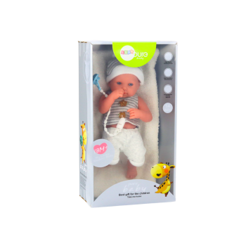 Lalka Bobas w Biało-Szarym Ubranku Czapeczka Smoczek Kołderka