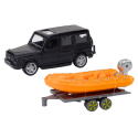 Auto Terenowe Czarne z Przyczepą do Przewozu Łodzi oraz Pomarańczową Łodzią