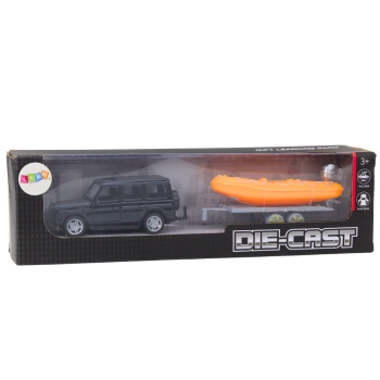 Auto Terenowe Czarne z Przyczepą do Przewozu Łodzi oraz Pomarańczową Łodzią