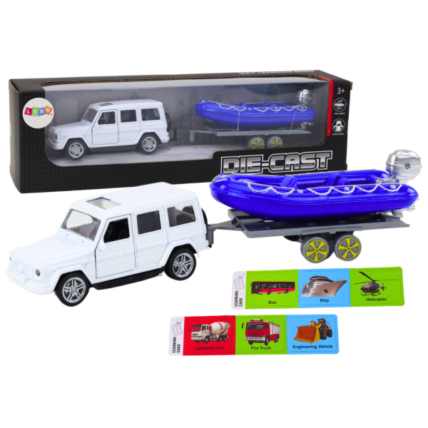 Auto Terenowe Z Przyczepą I Motorówką Metalowy Biały Niebieski