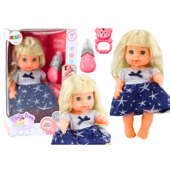 Lalka W Granatowej Sukience Siusiająca Butelka Grzechotka Dźwięki