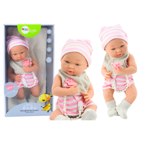 Lalka Bobas w Biało-Różowym Ubranku Czapeczka Smoczek Śliniaczek Kołderka