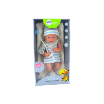 Lalka Bobas w Biało-Niebieskim Ubranku Czapeczka Smoczek Śliniaczek Kołderka