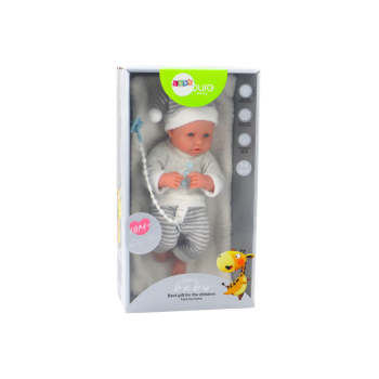 Lalka Bobas w Biało-Siwym Ubranku W Paski Czapeczka Smoczek Kołderka