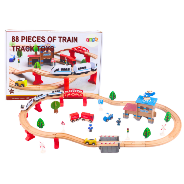 Zestaw Pociąg Tory Kolejka Drewniana Auta Budynki 88 El