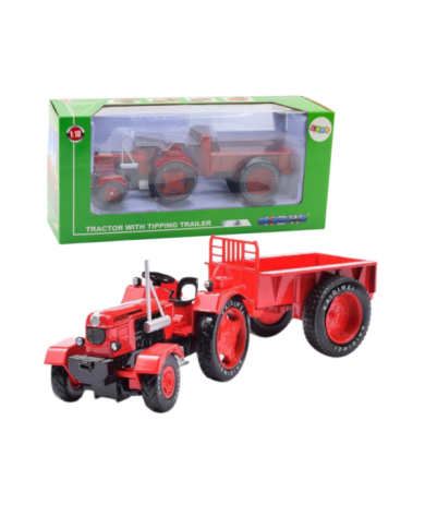 Metalowy Traktor Rolniczy Z Przyczepą Czerwony 1:18