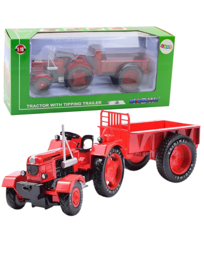 Metalowy Traktor Rolniczy Z Przyczepą Czerwony 1:18