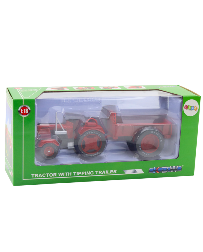 Metalowy Traktor Rolniczy Z Przyczepą Czerwony 1:18