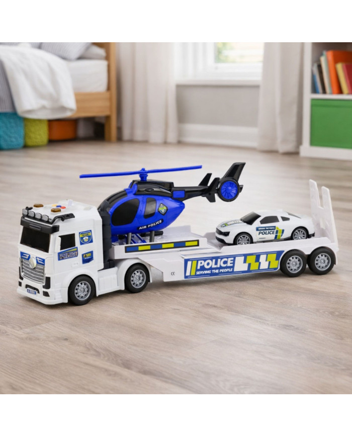 Zestaw Policyjny Ciężarówka Laweta Auto Helikopter Światła Dźwięk
