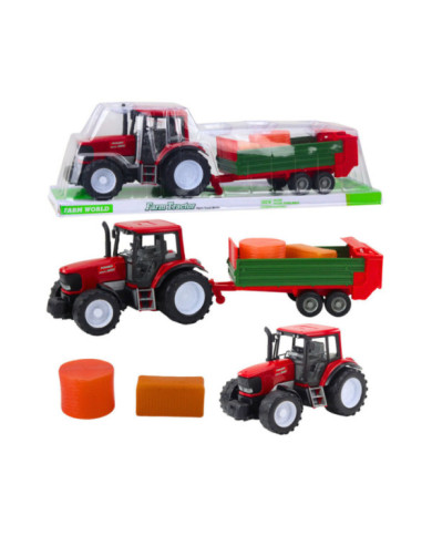 Traktor Rolniczy Farmerski Z Zieloną Przyczepą i Sianem Czerwony 62cm