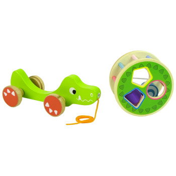 Krokodyl  Zielony Do Ciągnięcia Na Kółkach Sorter Klocki Drewniane