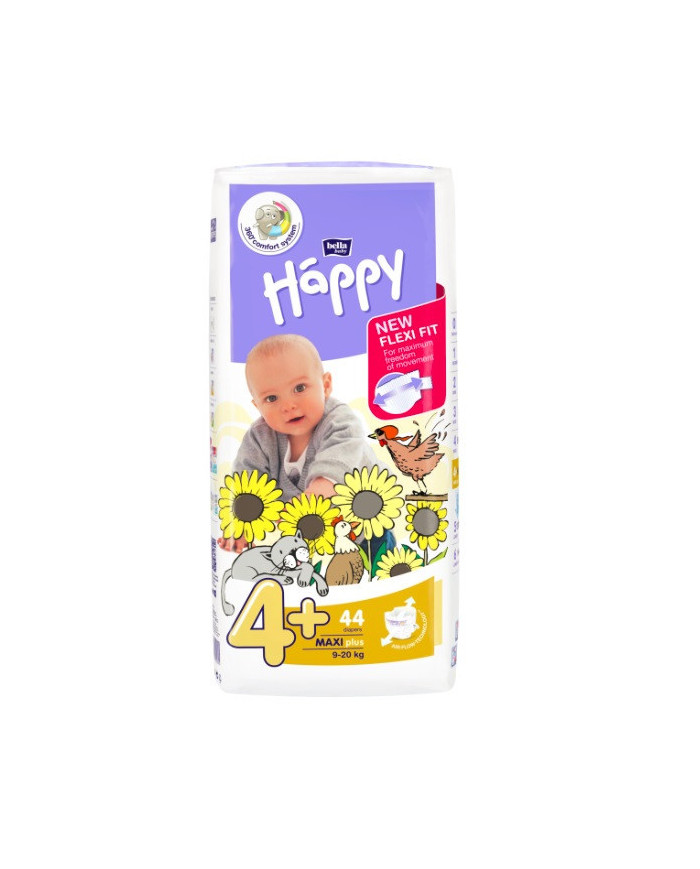 Pieluszki Happy New Flexi Fit Maxi + (4+) 9-20 kg - 44 szt.