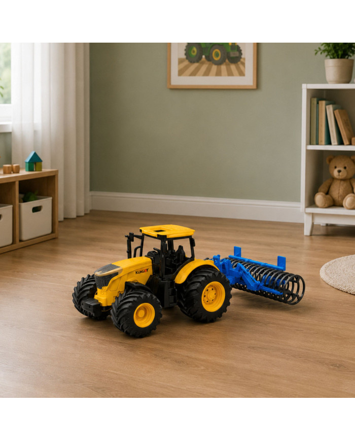 Traktor Rolniczy Farmerski z Wałem Uprawowym Światła Dźwięki Żółty 1:24