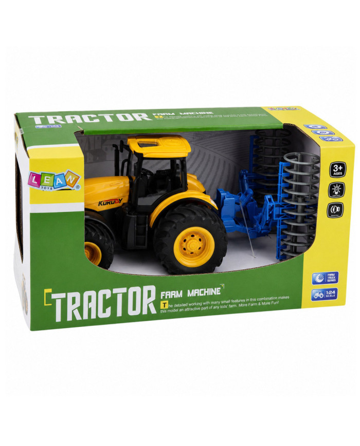 Traktor Rolniczy Farmerski z Wałem Uprawowym Światła Dźwięki Żółty 1:24