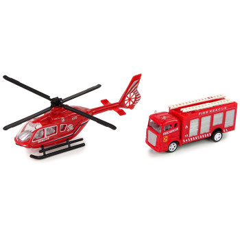Zestaw Autek Straż Pożarna Naciąg Helikopter Czerwony