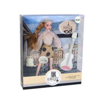 Lalka Dla Dzieci Emily z Gitarą Okulary Długie Blond Włosy Kotek