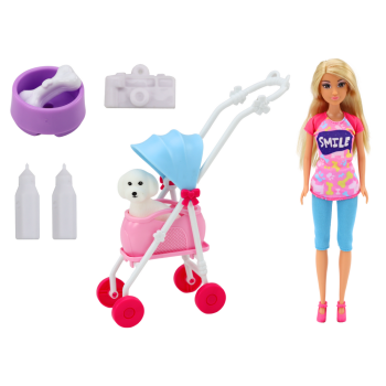 Lalka Anlily z Pieskiem W Wózku Butelki Miska Kość Aparat