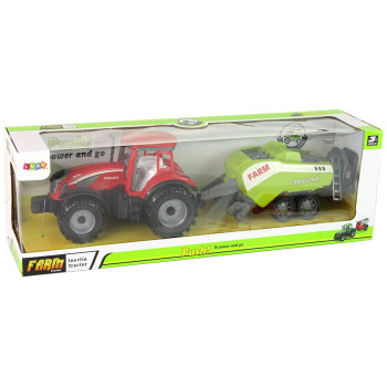 Czerwony Ciągnik Rolniczy z  Zielonym Siewnikiem Napęd Frykcyjny