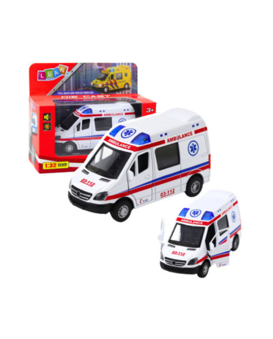 Karetka Ambulans Metalowy Z Napędem Pull Back Światła Dźwięki Biały 1:32