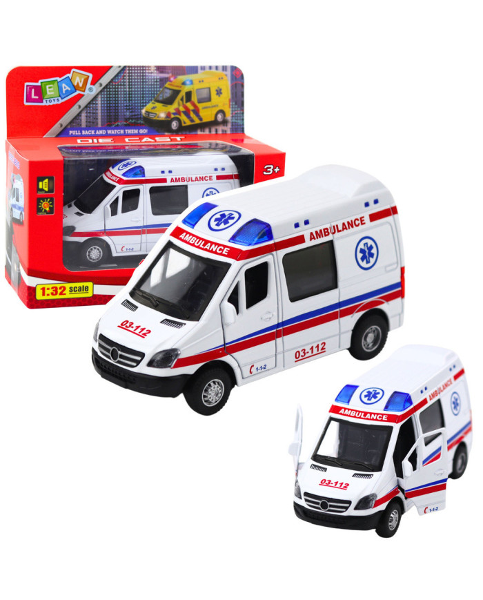 Karetka Ambulans Metalowy Z Napędem Pull Back Światła Dźwięki Biały 1:32