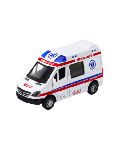 Karetka Ambulans Metalowy Z Napędem Pull Back Światła Dźwięki Biały 1:32