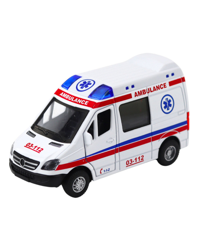 Karetka Ambulans Metalowy Z Napędem Pull Back Światła Dźwięki Biały 1:32