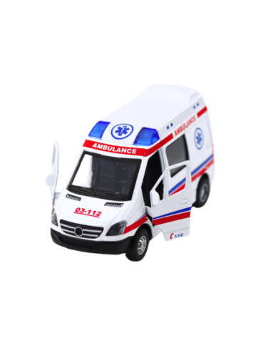 Karetka Ambulans Metalowy Z Napędem Pull Back Światła Dźwięki Biały 1:32
