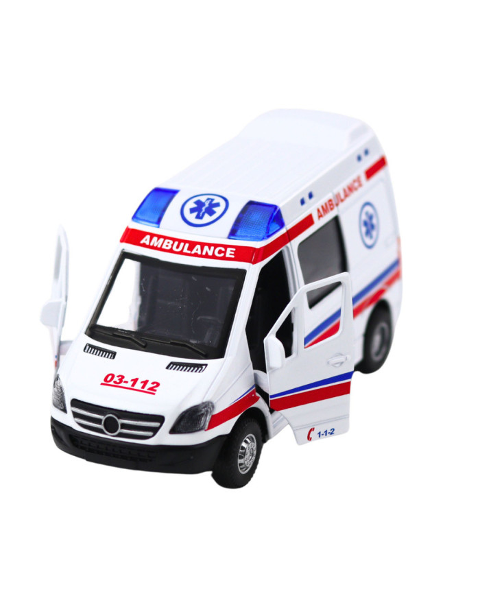 Karetka Ambulans Metalowy Z Napędem Pull Back Światła Dźwięki Biały 1:32