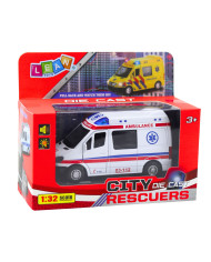 Karetka Ambulans Metalowy Z Napędem Pull Back Światła Dźwięki Biały 1:32