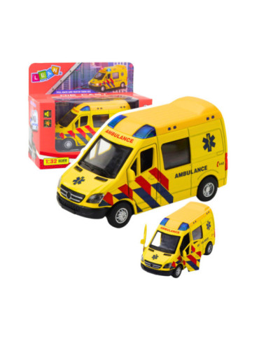 Karetka Ambulans Metalowy Z Napędem Pull Back Światła Dźwięki Żółty 1:32