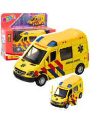 Karetka Ambulans Metalowy Z Napędem Pull Back Światła Dźwięki Żółty 1:32
