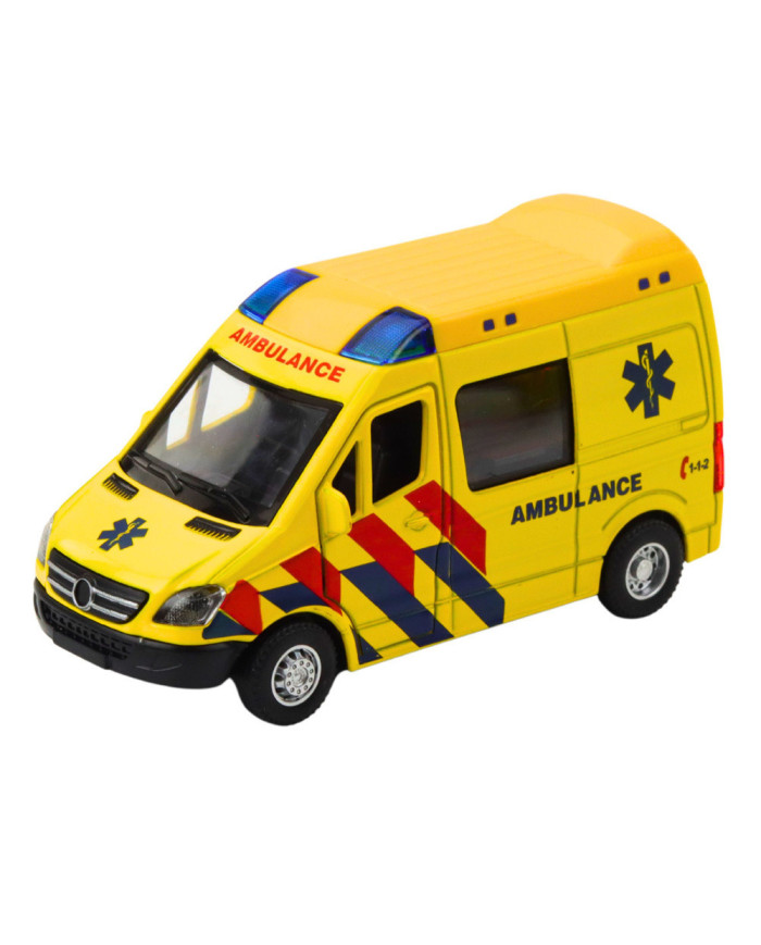 Karetka Ambulans Metalowy Z Napędem Pull Back Światła Dźwięki Żółty 1:32