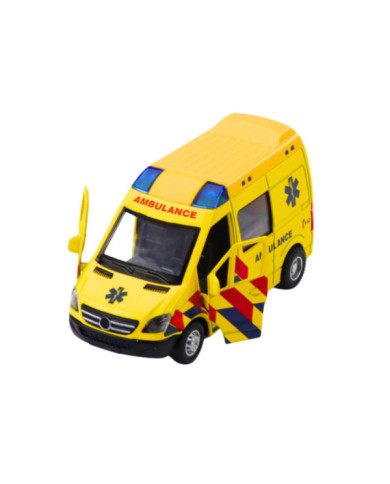 Karetka Ambulans Metalowy Z Napędem Pull Back Światła Dźwięki Żółty 1:32