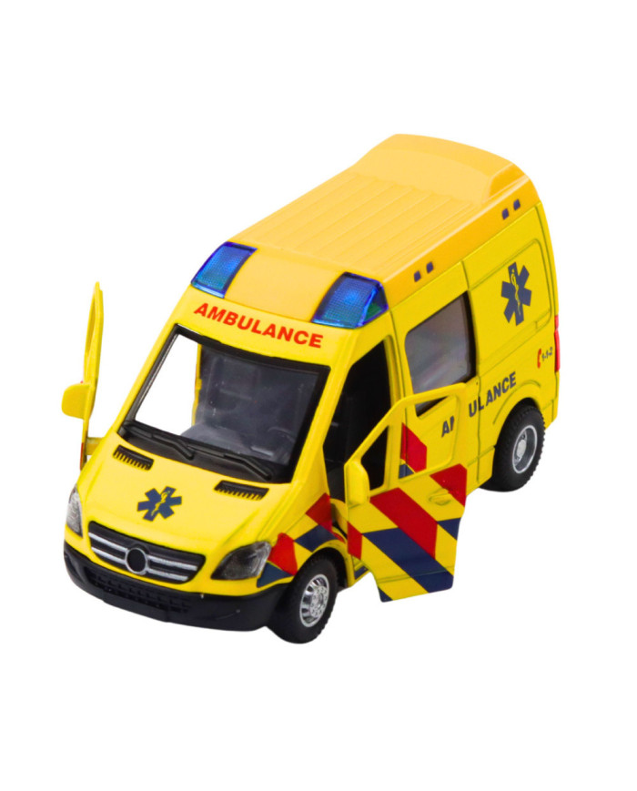 Karetka Ambulans Metalowy Z Napędem Pull Back Światła Dźwięki Żółty 1:32