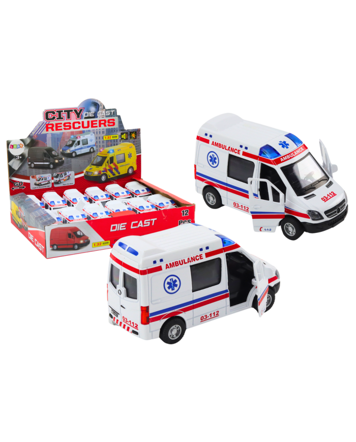 Ambulans Karetka 1:32 Otwierane Drzwi Światła Dźwięki Napęd Biała