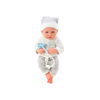 Lalka Bobas w Biało-Szarym Ubranku W Paski Czapeczka Smoczek Kołderka