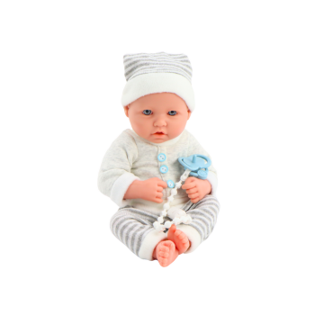 Lalka Bobas w Biało-Szarym Ubranku W Paski Czapeczka Smoczek Kołderka