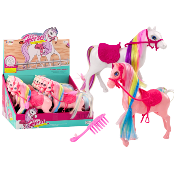 Figurka Koń Z Kolorową Grzywą Różowe Siodło Szczotka Farma Biały Różowy