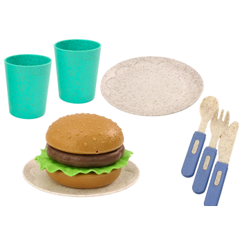 Zestaw Naczyń Talerzyki Kubeczki Dzbanek Hamburger Sztućce 11 El