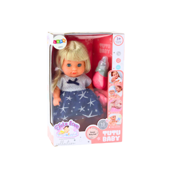 Lalka W Granatowej Sukience Siusiająca Butelka Grzechotka Dźwięki